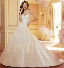 Free Shipping Romantic Ball Gown Sweetheart Lace Up Sweep Train Satin Women Wedding Bride Dress 2014 With Appliques ST11421