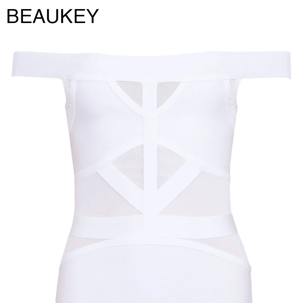 Белая сетка с открытыми плечами Slash шеи Bodycon Сексуальная для женщин, из искусственного шелка Бандажное платье