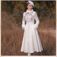 Зимнее женское пальто, винтажная Ретро Вышивка, однобортное шерстяное пальто с меховым воротником, настоящая фотография