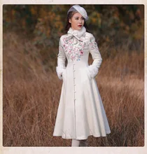 2016 Winter Women Coat Vintage Retro Embroidery Single Breasted Fur Collar Woolen Outerwear Coat real photo