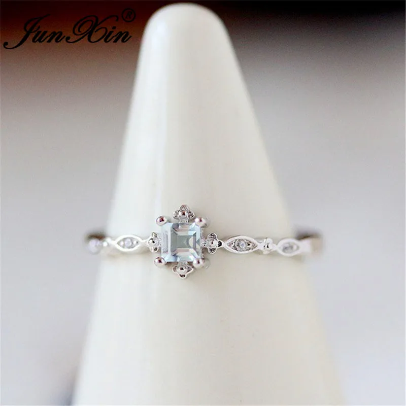 JUNXIN Female Clear Blue Crystal Engagement Rings For Women 925 Silver Filled Small Square CZ Stacking Wedding Thin Ring Jewelry
