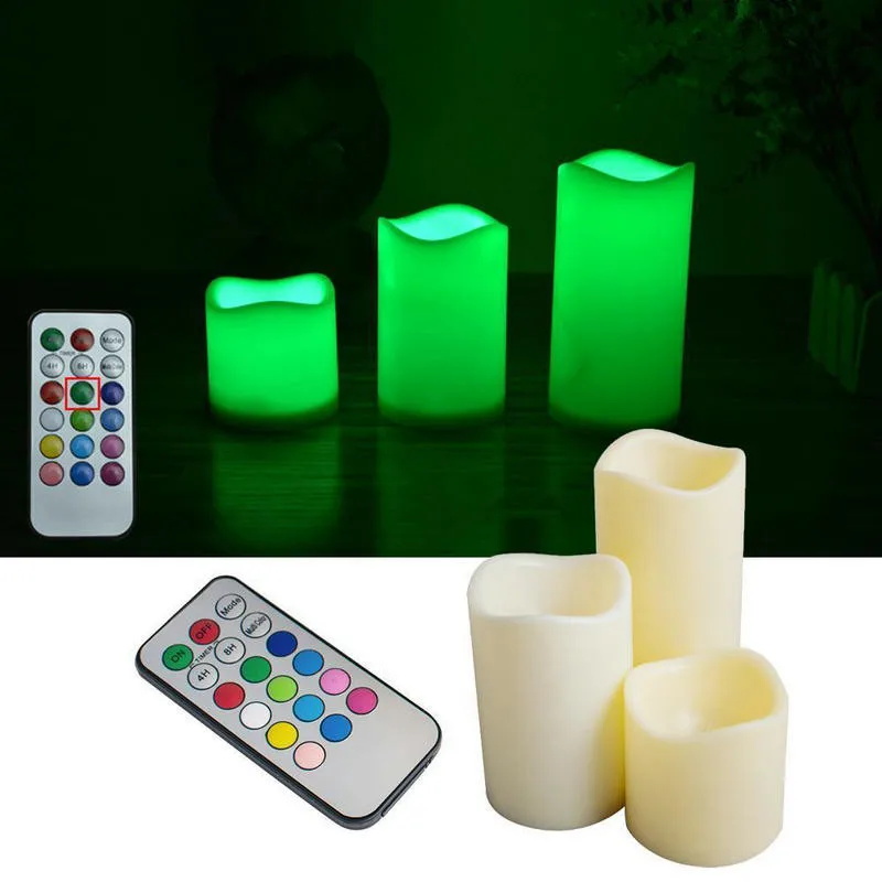 Set of 3 Ivory Remote control LED Pillar Candle lamp W/18key Controller Timer Function Wedding Home Bar party Decor-Multicolor | Дом и сад