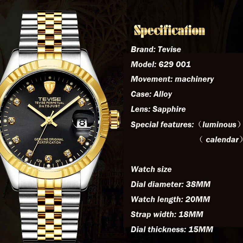 TEVISE Mens Watches Men Automatic Mechanical Watch Stainless Steel Date Waterproof Business Wristwatch Relogio Masculino