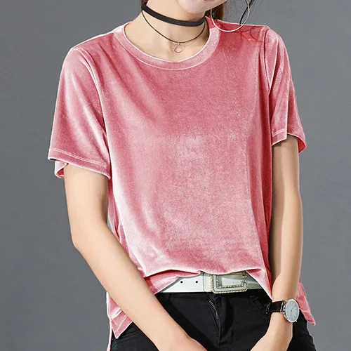 Женская летняя футболка, женские топы с круглым вырезом и коротким рукавом, бархатная футболка на каждый день, женские футболки для женщин, TATARI - Цвет: Pink