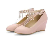 Frauen Pumpen Party Hochzeit Schuhe Runde Platofrm Sexy Nude Pumps Strass Ketten Quaste Keile Hohe Schuhe Große größe 34-43