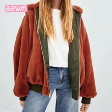 Черная зимняя Новинка, двухсторонняя Женская куртка-бомбер с длинным рукавом, Свободная Женская куртка с капюшоном из искусственного меха