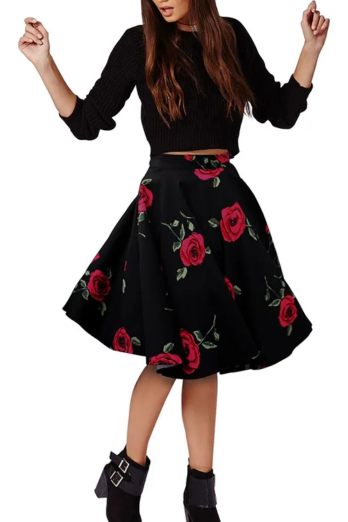 50s Vintage Woman Retro Red Rose Flower Bouquet Floral Print High Waist Midi Skirts Knee-Length Long Saia Feminina Ladies Skirt