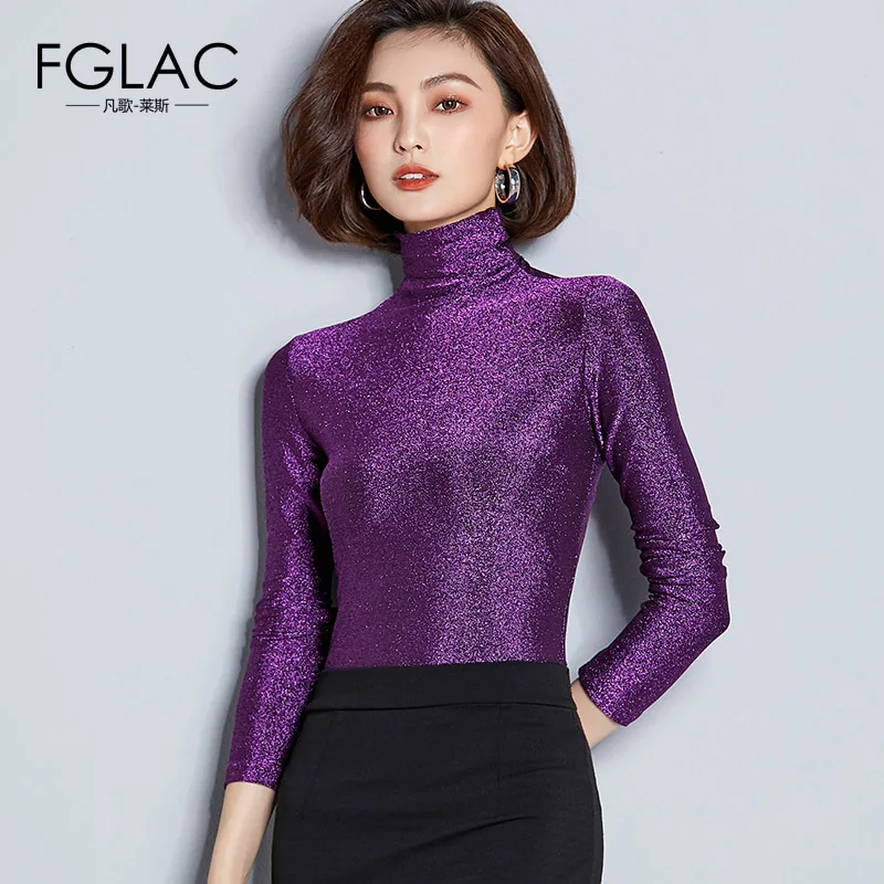 FGLAC Women t-shirts New Arrivals 2018 Autumn long sleeve Turtleneck Mesh tops Elegant Slim Solid color plus size women shirt