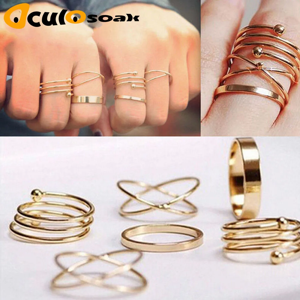 

6PCS/Set Unique Gold Color Alloy Rings Trendy Jewelry Retro Punk Finger Tail Toe Ring Mix Shape Wholesale Holiday Women Wearing