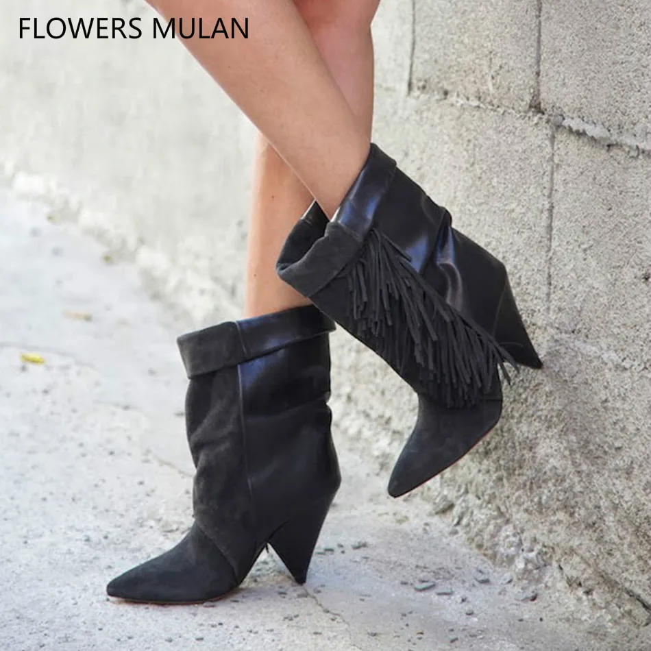 

European Hot Selling Fringe Ankle Boots For Women Pointed Toe Patchwork Suede Leather Upper Spike Heels Winter Spring Shoes Lady