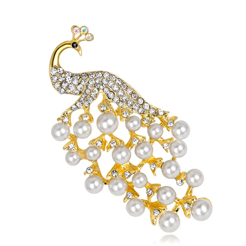 

European And American Peacock Brooch White Imitation Pearls Corsage Crystal From Swarovski Small Gift Fashion Jewelry Brooches