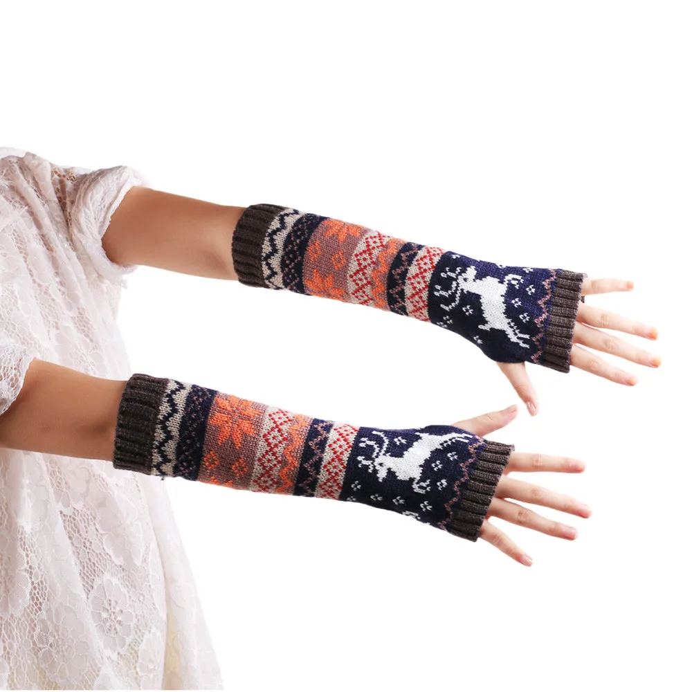 40 женские вязаные перчатки Лось снежинка шаблон без пальцев длинные перчатки женские руки теплые зимние женская перчатка женские перчатки