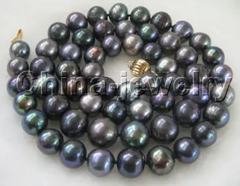 

fast AAA 32"11-12mm natural black round freshwater pearl necklace-14k gold ball clasp (A0511)