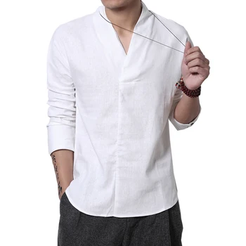 

2019 Spring Mens Long Sleeve V-Neck Shirt Men Soft Pure Cotton Slim Fit Chinese style Linen Pullover Shirts