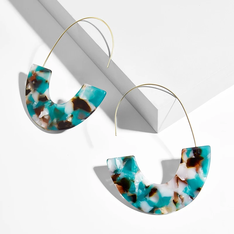 

SRCOI Blue Pink Print Acrylic Hook Earring Multi-Color Semicircle Geometric Resin Drop Earring For Women Trendy Personality Gift