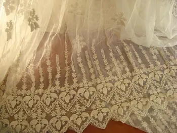 

ivory Lace fabric, Embroidered tulle lace fabric, vintage gauze antique bridal lace curtain sewing supplies