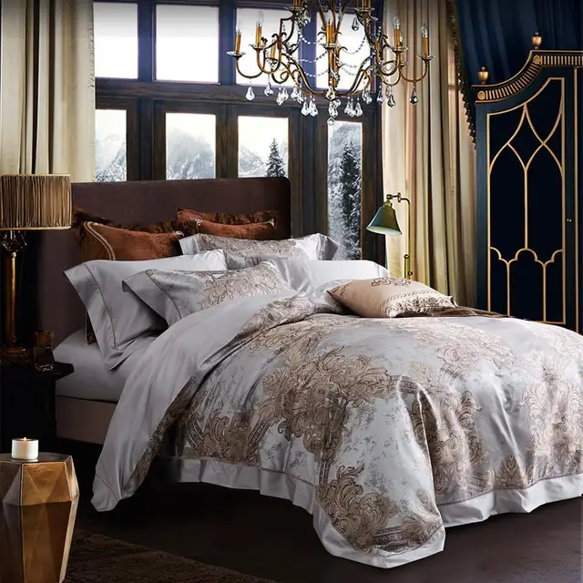 Luxury Silk Bedding Set King Size Silver Duvet Cover European Fl Luxury Silk Bedding Set King Size Silver Duvet Cover European Fl Jacquard Bed Linens Comforter