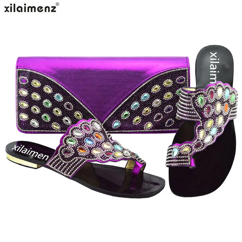 

New shop 40% Discount New Design Purple Color Italian Ladies shoes matching purse high quality for party Women Low Heels Slipper