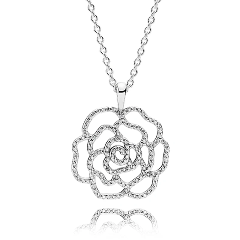 

925 Sterling Silver Necklace Shimmering Rose With Clear Cubic Zirconia Necklaces For Women Wedding Gift Fine Pandora Jewelry