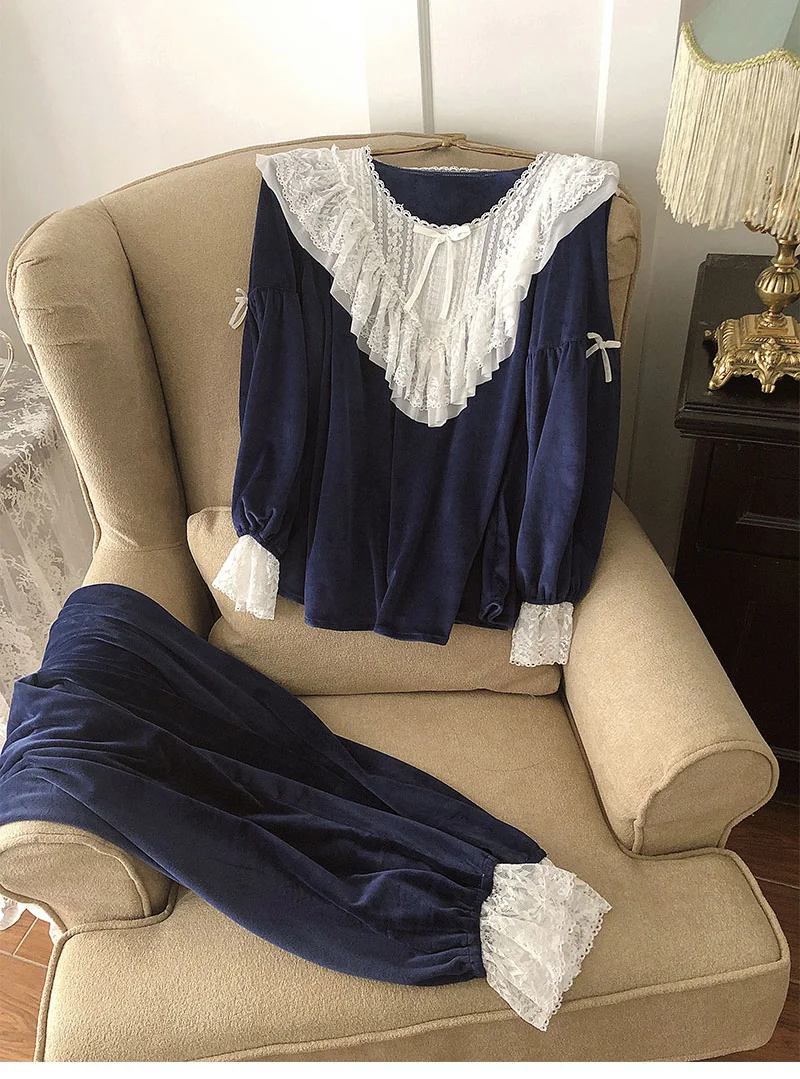 Осенне-зимние женские фланелевые пижамные комплекты в стиле Лолиты. Кружевные топы+ длинные штаны. Винтажный женский пижамный комплект в стиле дворца. Одежда для сна, домашняя одежда