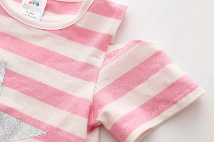 Girls Clothing Set 2018 Summer 2-10 Years Old Kids Girl Star Strip Print Wrap Shoulder T Shirt+Shorts Sports 2 Pcs Tracksuit Set (15)