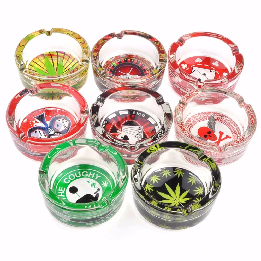 

Creative Multi Patterns Glass Design Special Weed Crystal Ashtray Round Shape With Resin Container Glass Tobacco Cigar Ashtray