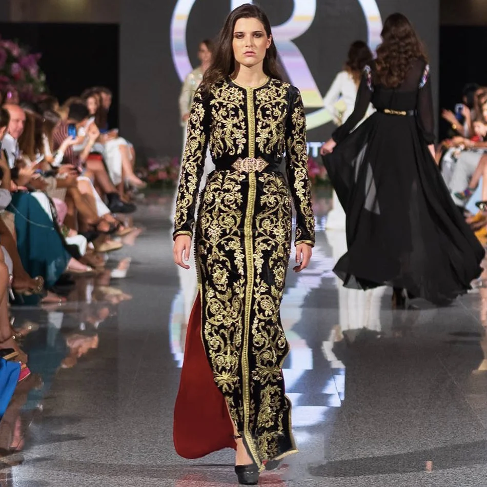 Элегантное бархатное платье Caftan Romeo с золотистой вышивкой новинка 2019 года