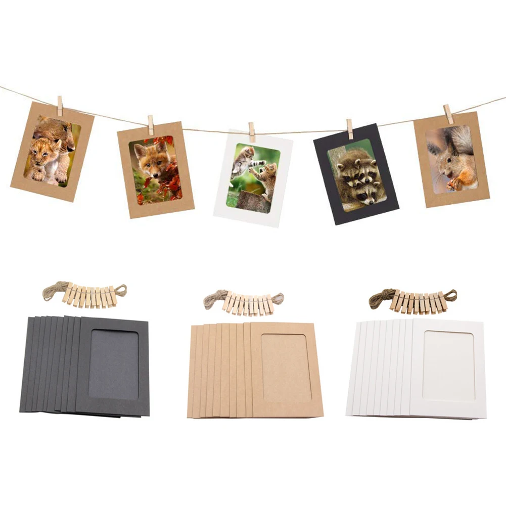 10Pcs DIY Kraft Paper Photo Frame 3-6 Inch Hanging Wall Photos Picture Frame Kraft Paper With Clips And Rope For Family Memory