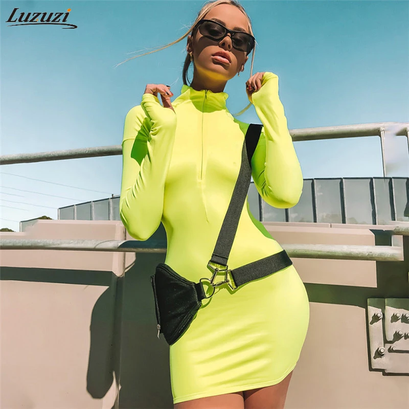 

Luzuzi 2019 New Summer Women Casual Long Sleeve Half Open Zip Collar Straight Solid Color Dress Tight Sexy Mini Dress CR6588