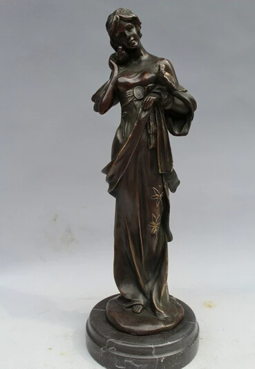 

free 12"Western Art sculpture Bronze Marble Belle Women Girl Bird Pigeon Statue fast