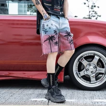 Большие размеры Мужская Летняя личность дерево печати отверстие джинсовые шорты дикий прямой уличная повседневные джинсы хип хоп шорты