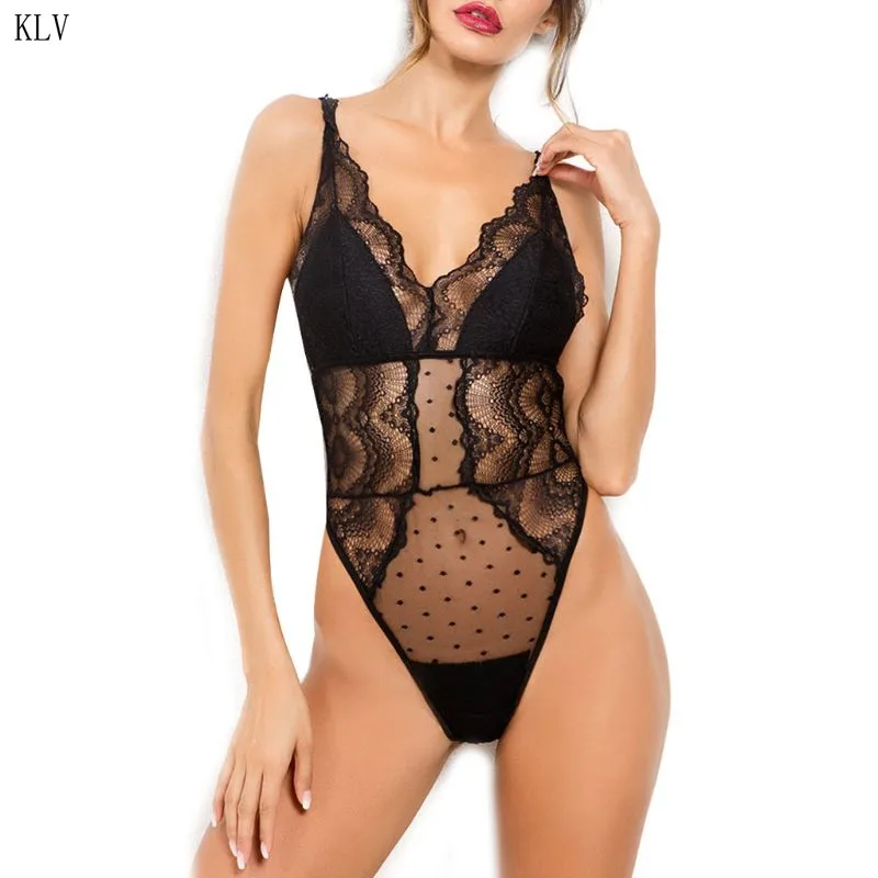 

Womens Temptation Deep V-Neck Sheer Mesh Lingerie Bodysuit Scalloped Floral Lace Splicing Rompers High Waist Backless Sleepwear