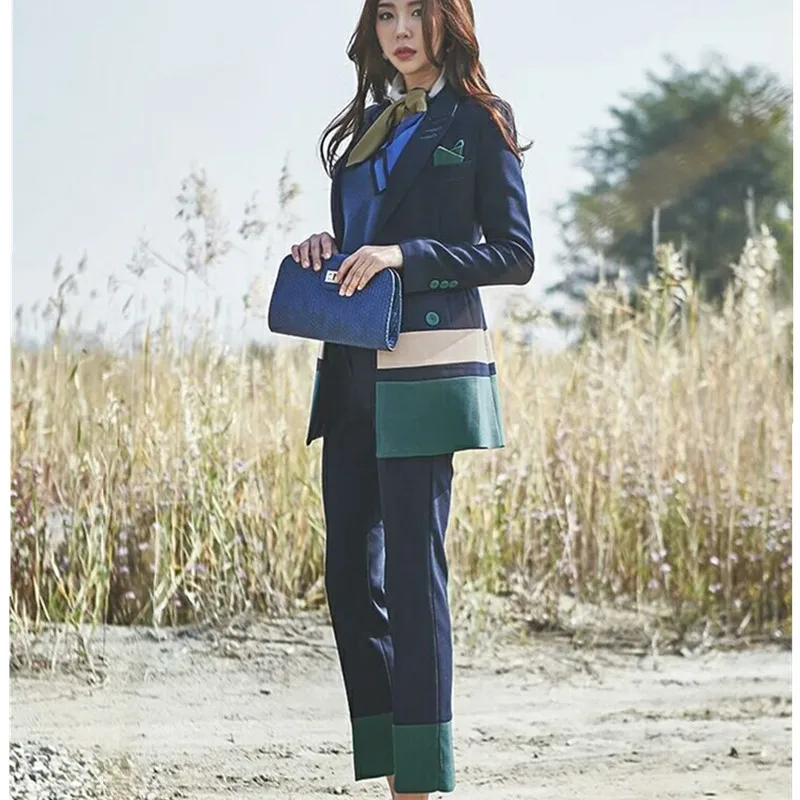 

Women spring Two Piece Set Office Suit Autumn Double Breasted Long Jacket+Long Pant Suits Businness Work Wear Suits