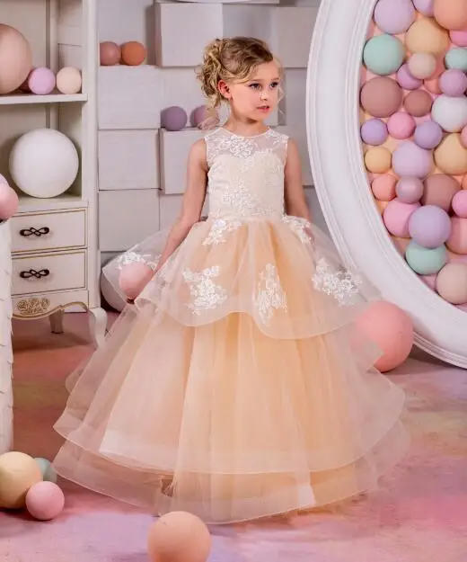 New Lace Orange Organza Flower Girls Dresses for Wedding Pageant Gown Party Birthday Dress for little girls