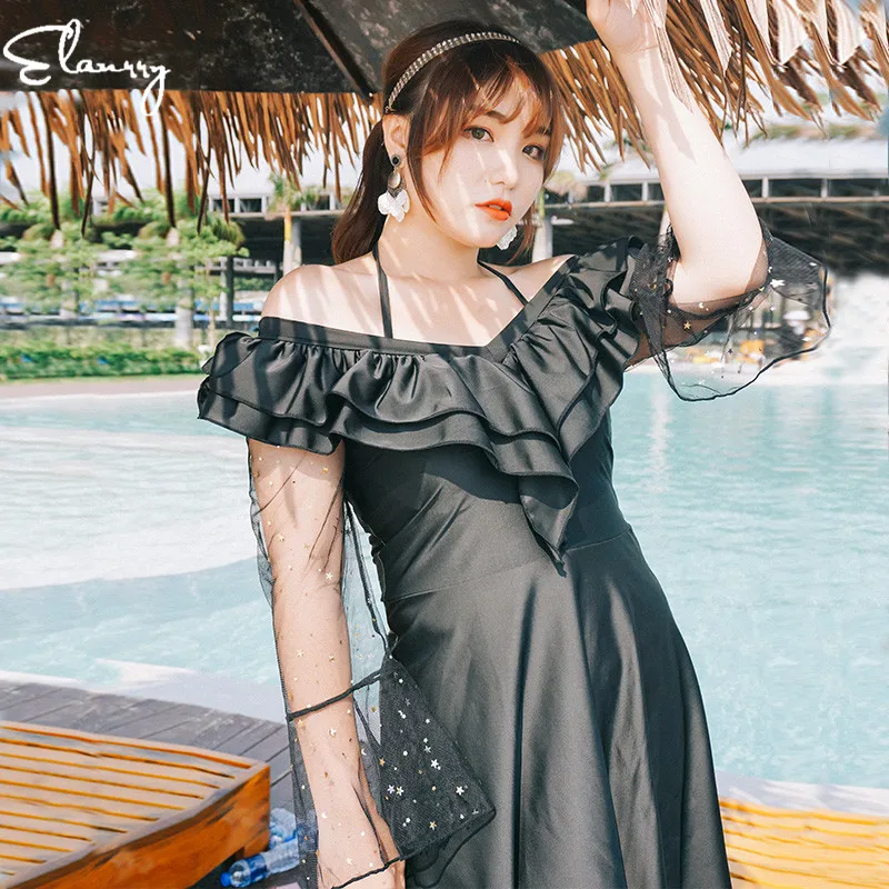 

2019 Women Swim Dress Large Size Big Cup Modest Swimsuit Swimwear Comfortable Flounced Bathing Suit One Piece Bathing Suits