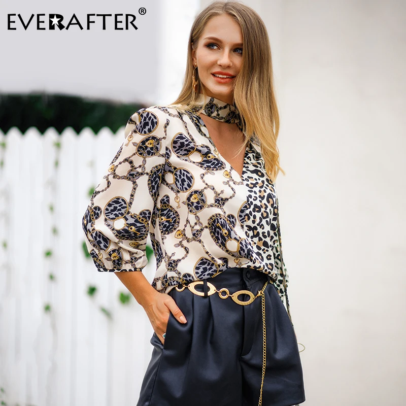 

EVERAFTER Vintage leopard print V neck chiffon blouse shirt women patchwork bandage loose soft tops casual blouse office blusas