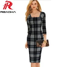 Reaqka Womens Elegant Tartan Square Collar Tunic Wear Work office dresses 2017 Business Casual Party Stretch
