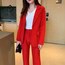 Женский костюм со штанами, офисный Женский комплект из двух предметов, однотонные красные элегантные однобортные блейзеры и длинные брюки, распродажа S96404Z