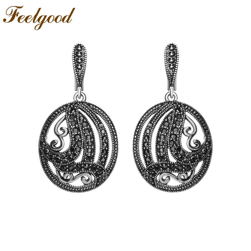 

Feelgood Black Crystal Earrings Russia Azerbaijan Kazakhstan Jewelry Antique Silver Color Vintage Earring Lady Women Party Gift