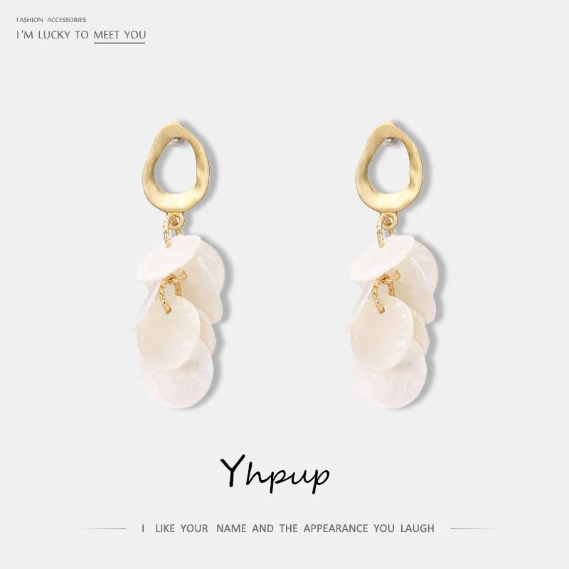

Yhpup Trendy Copper Natural Round Shell Dangle Earrings Dream High Quality Earrings for Women Party Jewelry Brincos S925 Gift