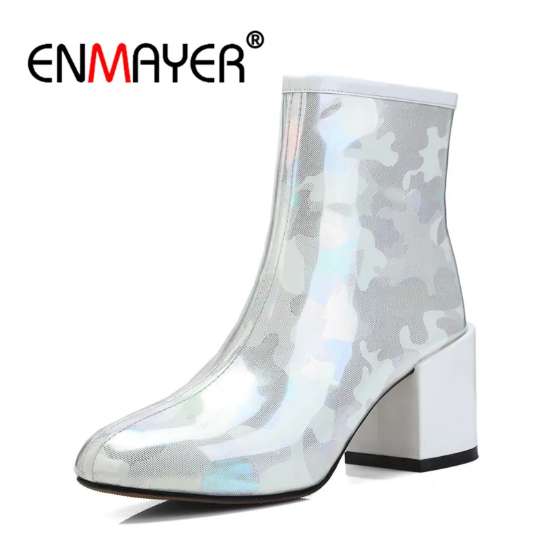 

ENMAYER Ankle Boots Rain Boots Big Size 34-42 Causal High Heels Thick Heels Fashion Round Toe Shoes woman Slip on CR1065