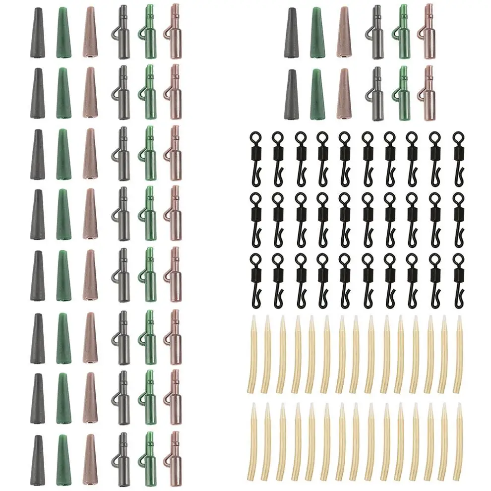 120 шт./лот, набор аксессуаров для ловли карпа, свинцовые безопасные зажимы, Быстросменные Вертлюги, не спутывающиеся рукава с коробкой для рыболовных снастей