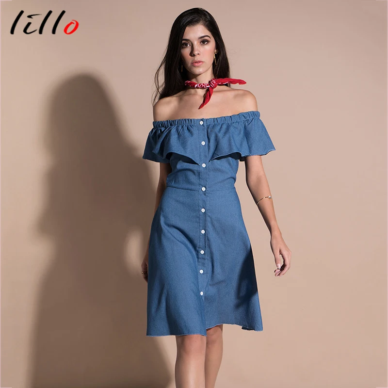 Solid color dress wholesale Denim new collar elastic button Comfortable section Fashion and