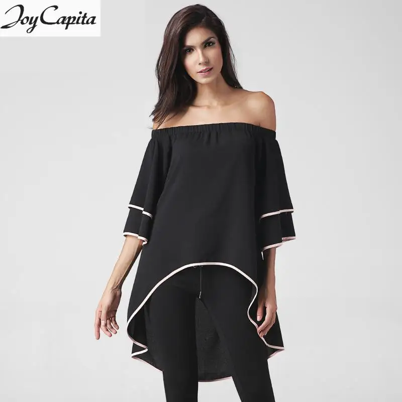Joy Capita Women Chiffon Blouses 2017 Black Off Shoulder Summer Tops Plus Size Slash Neck Blusas Mujer Camisas Manga Larga |