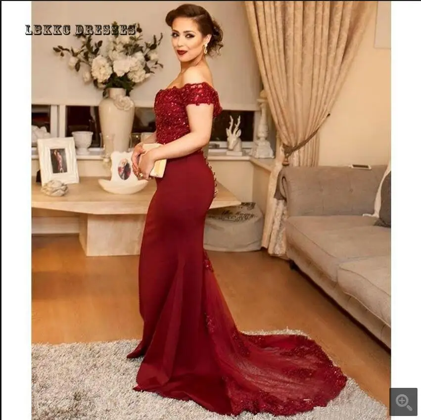 

Mermaid Lace Appliques Satin Evening Dresses 2019 Beaded V-neck Off The Shoulder Sheer Back Sexy Evening Gowns Robe De Soiree