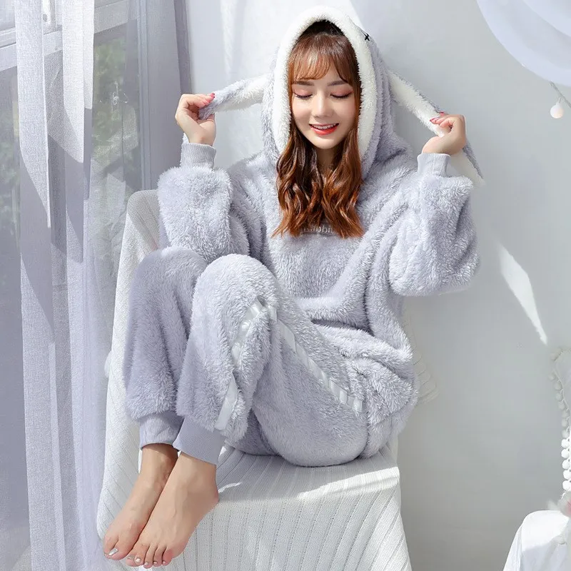 Животное кошка фланелевые пижамы Для женщин Kawaii с капюшоном пижамы Принт зимние теплые пижамы Домашняя одежда