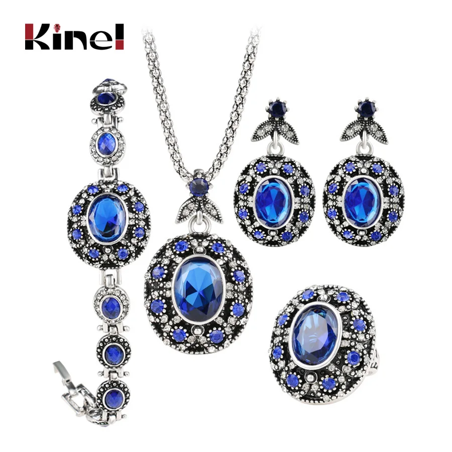 

Kinel 4Pcs Vintage Jewelry Sets Antique Silver Blue Pendant Necklace Earring Bracelet And Oval Rings Wedding Party Accessories