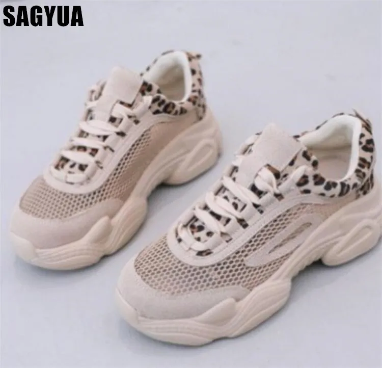 

Women Casual Shoes summer Round head Mesh Breathable Thick bottom shoe ladies Leopard Comfort lace up Sneakers woman shoes A1011