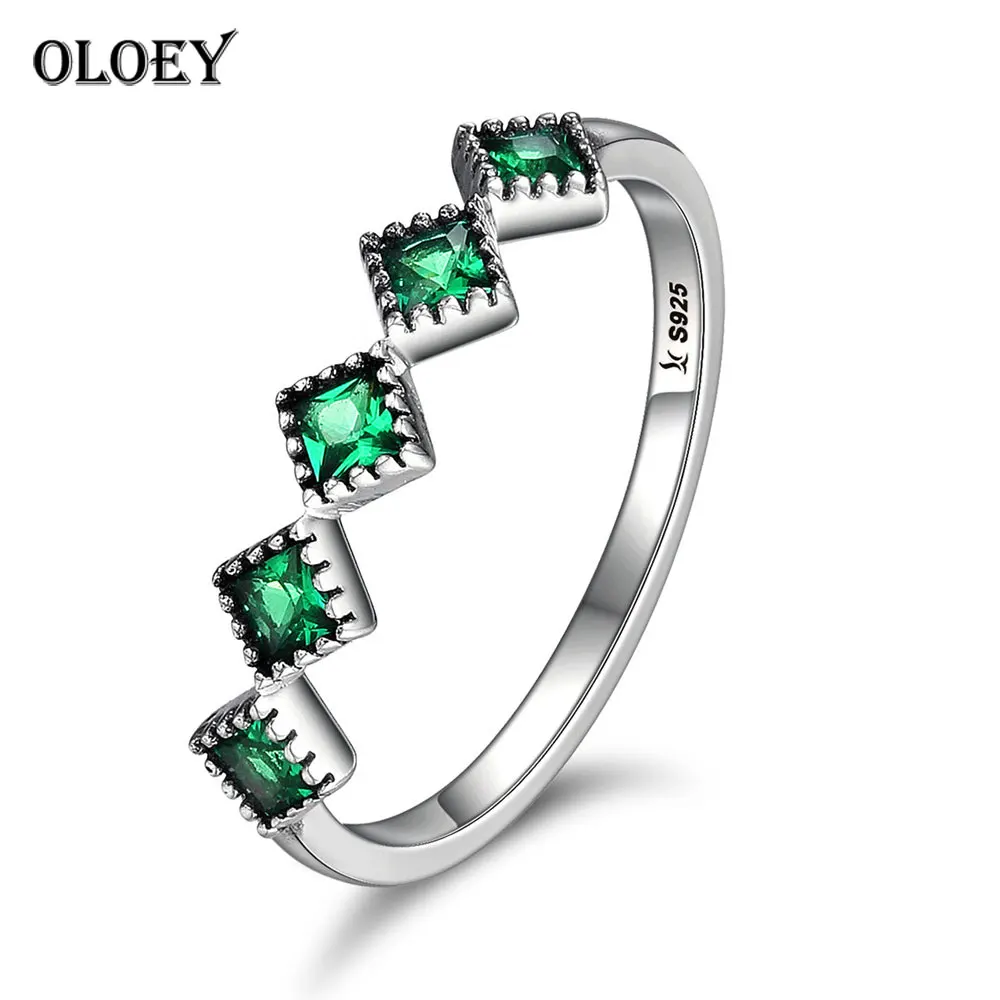

OLOEY Square Green CZ Finger Rings for Women Solid 925 Sterling Silver Stackable Wedding Engagement Fine Jewelry Gift YMR157