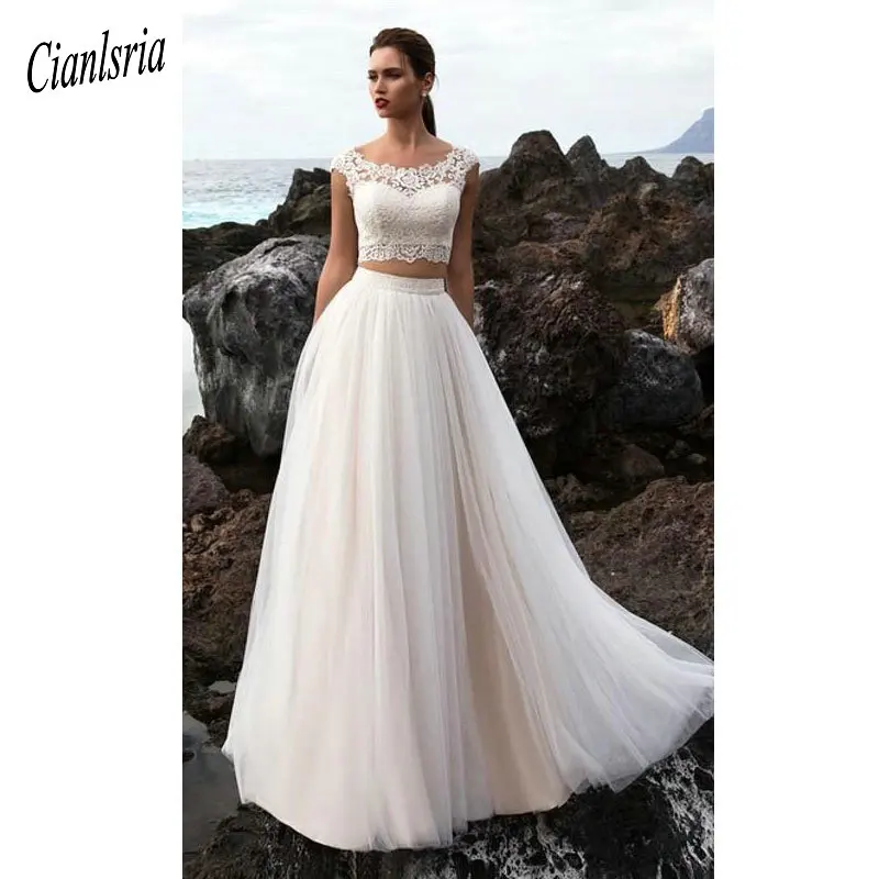 

Boho Wedding Dress 2 Pieces A Line Appliques Lace Tulle Skirt Custom Made Beach Bride Dress Wedding Gown Free Shipping
